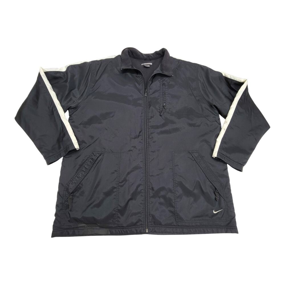Vtg Nike Fleece Lined Windbreaker Jacket Mens XXL Black Stripe Swoosh Y2K READ